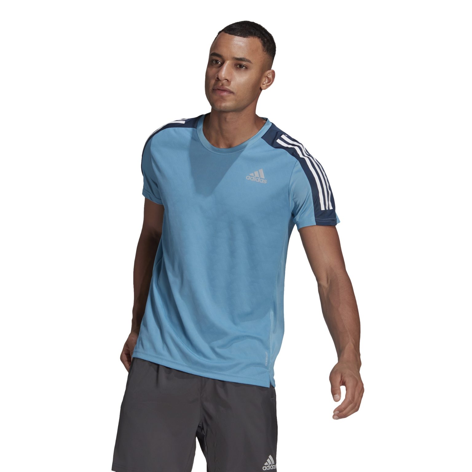 adidas Men's Own The Run 3-Stripes Tee - Hazy Blue/Crew Navy/White ...