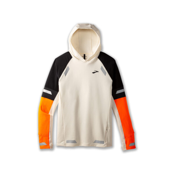 Brooks Men's Run Visible Thermal Hoodie 2.0 - Ecru/Fluoro Flash/Black - Image 4