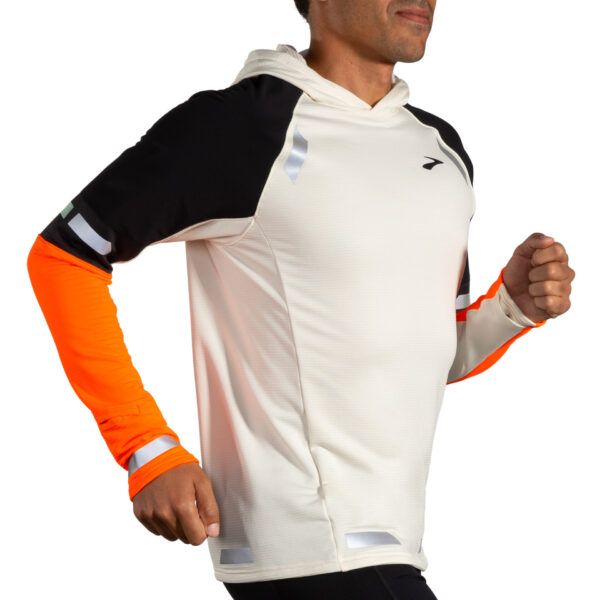 Brooks Men's Run Visible Thermal Hoodie 2.0 - Ecru/Fluoro Flash/Black - Image 3